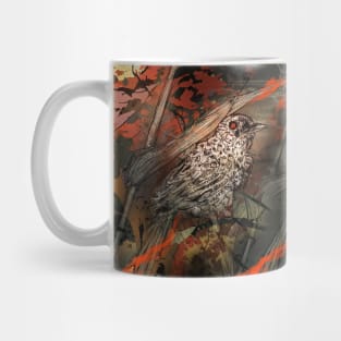 Fire bird songbird perched in a flaming field Mug